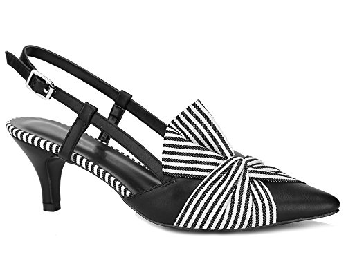 Greatonu Women Shoes Comfortable Kitten Heels Slingback Dress Pumps (9 US/40 EU, Black with Stripe Bow Tie)