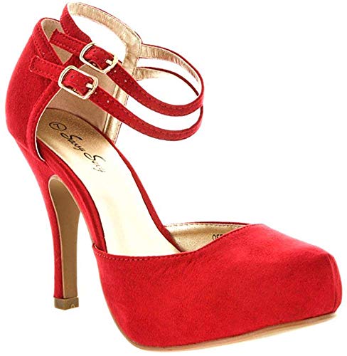 DREAM PAIRS OFFICE-02 Women's Classy Mary Jane Double Ankle Strap Almond Toe High Heel Pumps , OFFICE-02-RED-SUEDE, 8 B(M) US