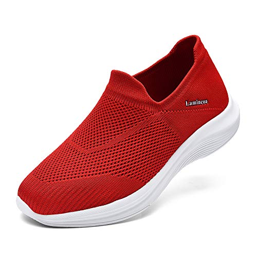 Lamincoa Women's Sock Walking Shoes - Comfortable Mesh Slip on Easy Sneakers Casual Athletic Shoes Wide Width Red Size 7
